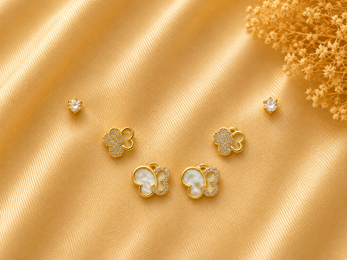 Golden Dual Butterfly Trio Stud Earring Set